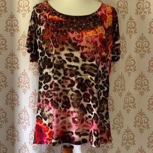 Peck & Peck leopard print colorful bedazzled top M